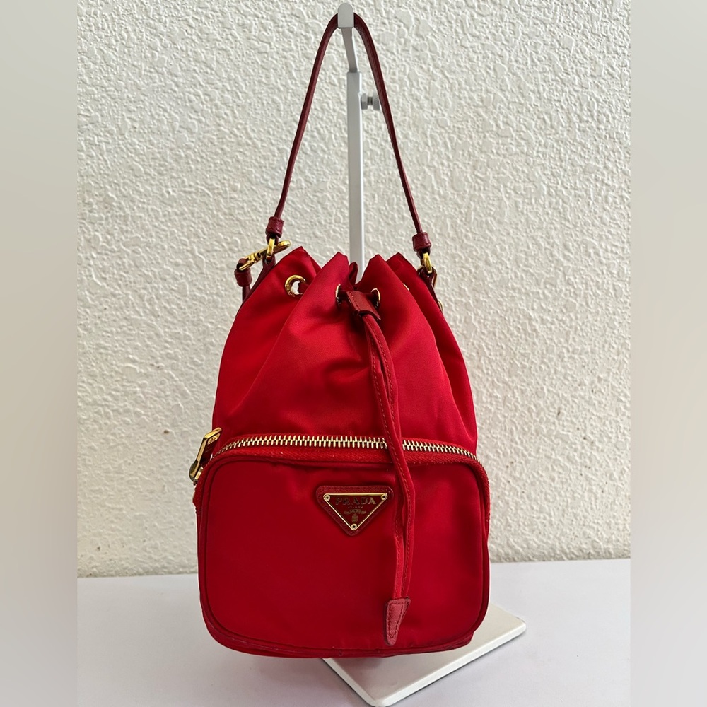 Prada Red Nylon Drawstring Crossbody Bucket Bag with Gold Hardware - Picture 1 of 16